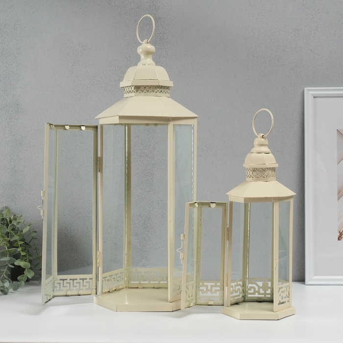 Подсвечник металл, стекло фонарик Подсвечник металл, стекло фонарик "Фес" белый с патиной набор 2 шт 35х13,5х11,8; 51х21х18 см