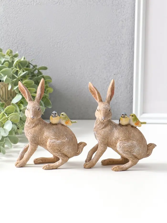 Сувенир полистоун "Кролик с синичками на спине" набор 2 шт 14х5,5х11,5 см