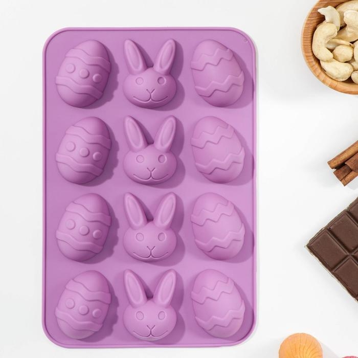 Форма для шоколада Доляна «Пасха», силикон, 23×15×2 см, 12 ячеек, сиреневая Форма для шоколада Доляна «Пасха», силикон, 23×15×2 см, 12 ячеек, сиреневая