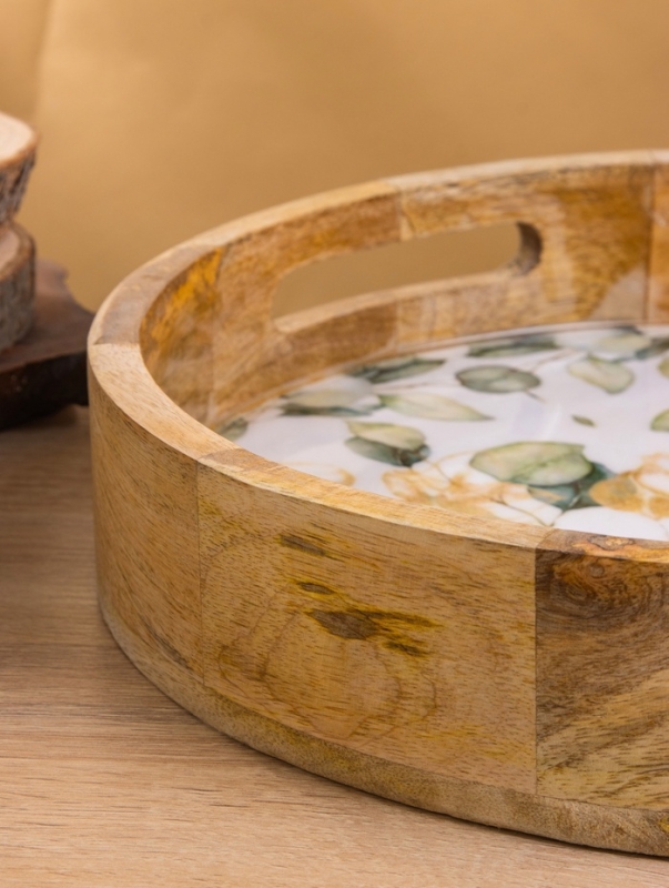 Поднос круглый с бортиками Поднос круглый с бортиками "Листья" дерево манго 35х35х6,5 см