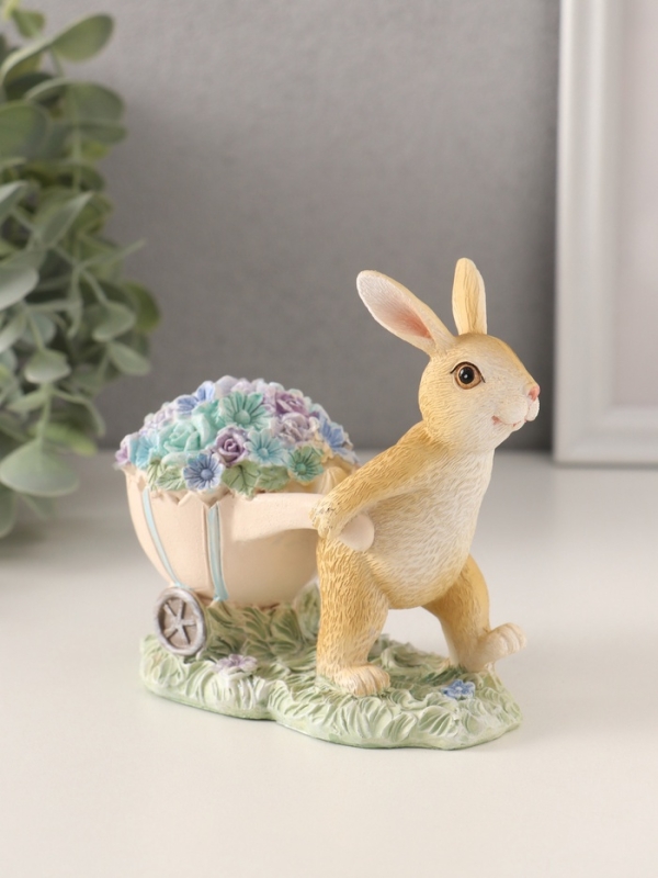 Сувенир полистоун "Зайчик с тележкой роз и незабудок" 11х6х10,5 см