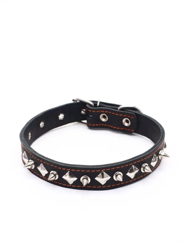Ошейник кожаный двухслойный шипованный, 63&times;3 см, ОШ 40-55 см, чёрный