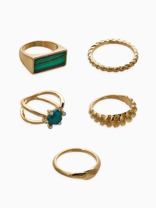 Набор колец 5 шт "Новый стиль" натурель, размер МИКС, цвет изумрудный в золоте