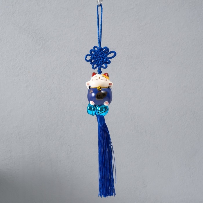 Подвеска керамика с бубенчиками "Манэки-нэко" синий 3,5х3,7х26 см