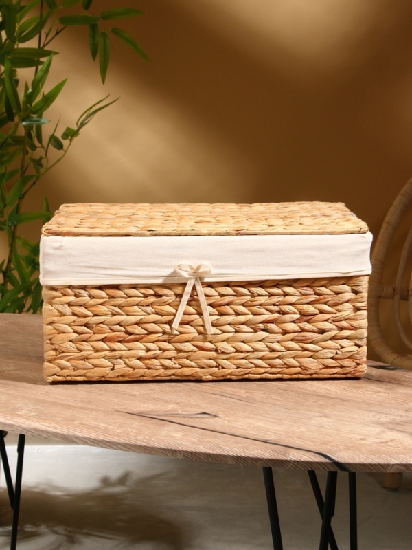 Корзинка прямоугольная с крышкой и тканевым подкладом, 44х30х20 см, водный гиацинт