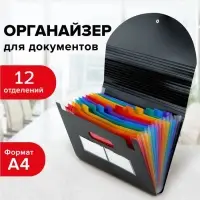 Папка для бумаги А4 на резинке пластиковая Calligrata, 12 отделений, черная