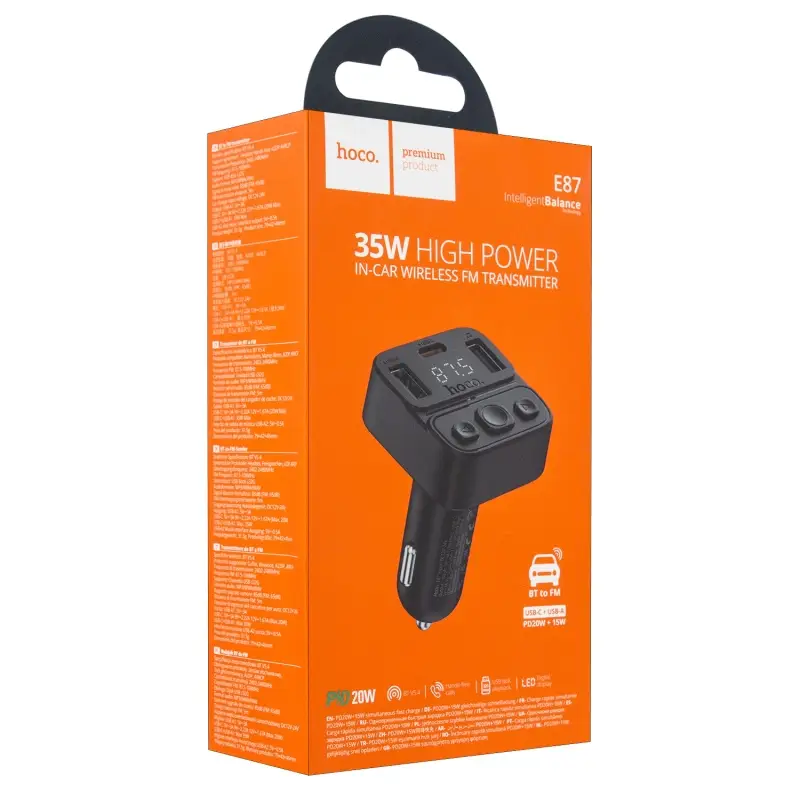 Трансмиттер АЗУ E87 HOCO PD20W + 2 USB car BT FM чёрный