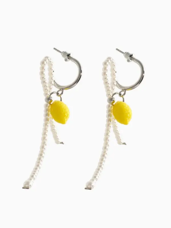 Серьги "Лимоны с бантиком", цвет жёлто-белый  в серебре №2