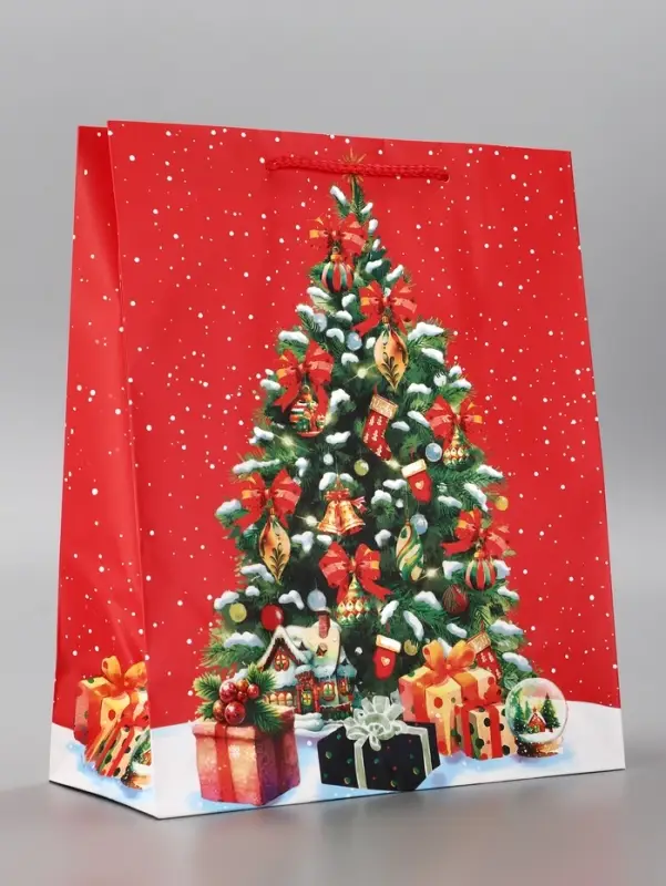 Пакет подарочный новогодний ламинированный, «Дед Мороз летит» 26×12×32 см