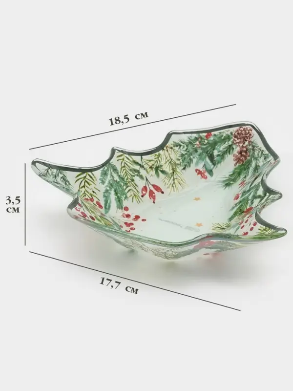Блюдо новогоднее сервировочное Доляна &laquo;Еловые ветки&raquo;, 17.7&times;18.5&times;3.5 см, стекло, белое, зелёное