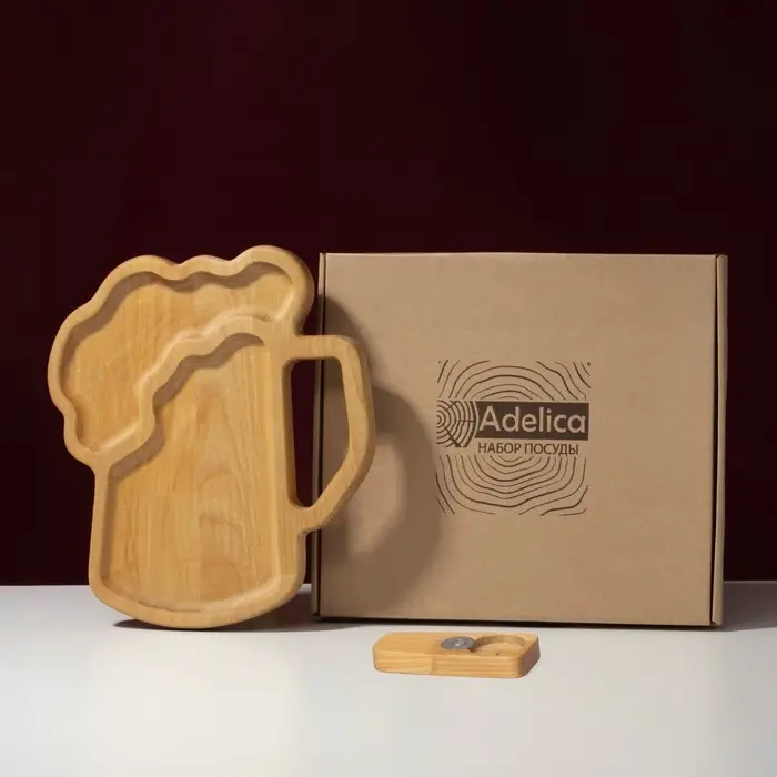Подарочный набор посуды Adelica &laquo;Пивная кружка&raquo;, блюдо для подачи, открывашка для бутылок, 25&times;22&times;1.8 см, 12&times;5&times;1.8 см, дерево берёза