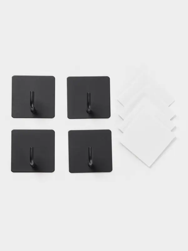 Набор крючков металлических на липучке 4 шт, квадрат, цвет черный