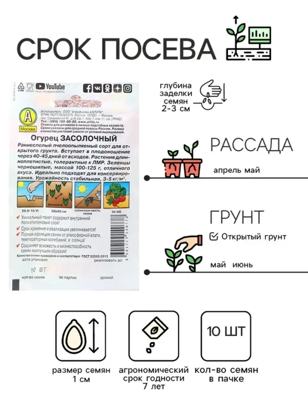 Семена огурца  Семена огурца "Засолочный", "Лидер", 10 шт.