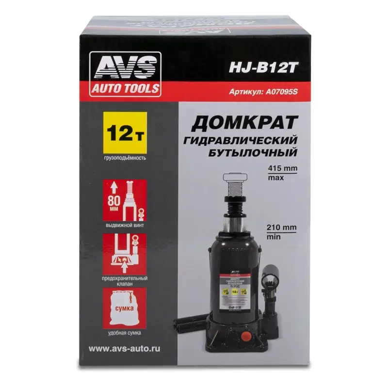 Домкрат гидравлический AVS HJ-B12T, 12т, 210-415мм. с клапаном (сумка, ремкомплект)