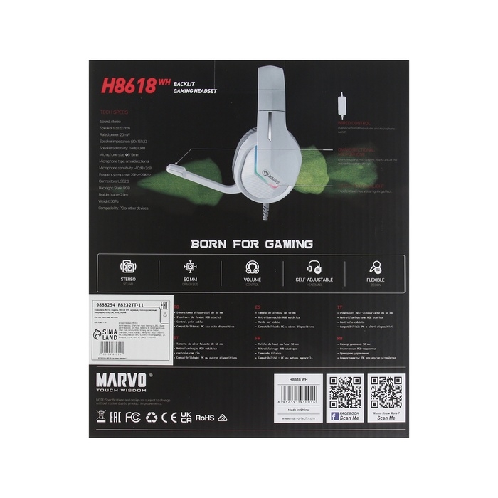 Наушники Marvo H8618 WH, игровые, полноразмерные, микрофон, USB, 2 м, RGB, серый Наушники Marvo H8618 WH, игровые, полноразмерные, микрофон, USB, 2 м, RGB, серый