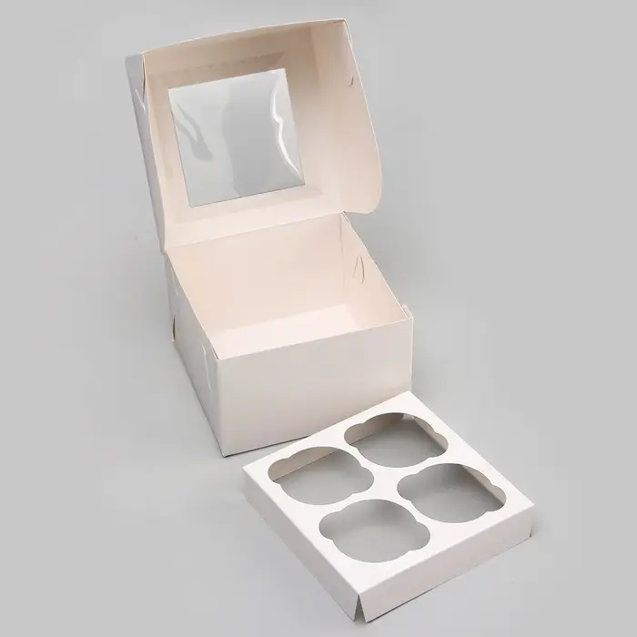 Коробка для 4 капкейка с окном, белая, 16×16×10 см