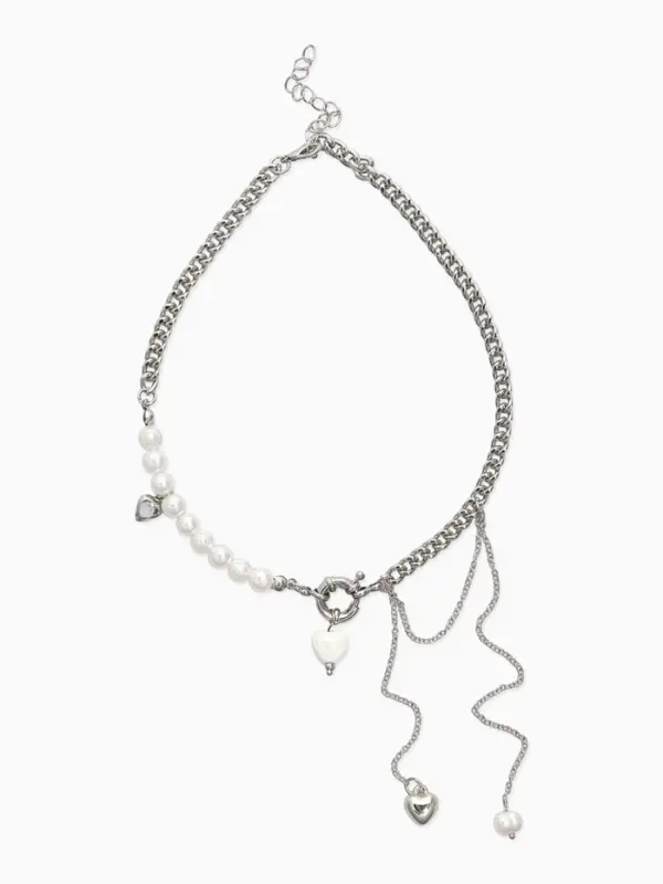 Колье &laquo;Сердце&raquo; керамика, на цепочке с жемчугом, цвет белый в серебре, L=35+7см