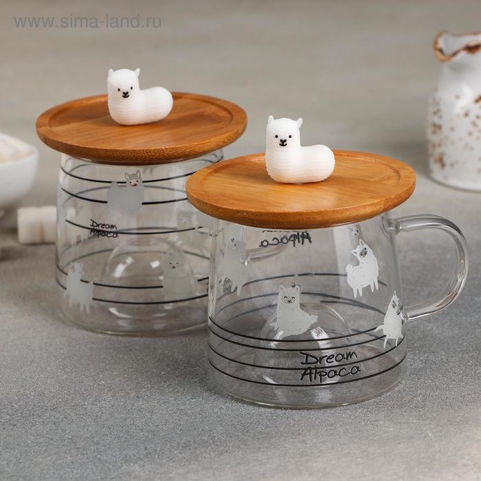 Кружка стеклянная с деревянной крышкой «Лама», 300 мл, рисунок МИКС Кружка стеклянная с деревянной крышкой «Лама», 300 мл, рисунок МИКС