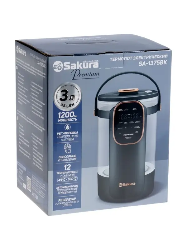 Термопот Sakura SA-1375BK, 1200 Вт, 3 л, 45-100°С, сенсор, LCD дисплей, стекло, черный Термопот Sakura SA-1375BK, 1200 Вт, 3 л, 45-100°С, сенсор, LCD дисплей, стекло, черный