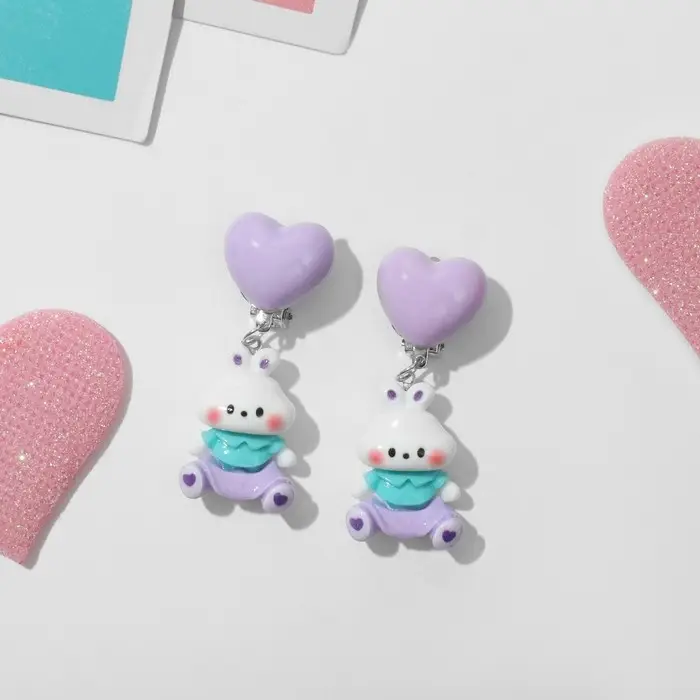 Серьги-клипсы детские «Выбражулька» животные, зайчишки, цвет сиренево-белый Серьги-клипсы детские «Выбражулька» животные, зайчишки, цвет сиренево-белый