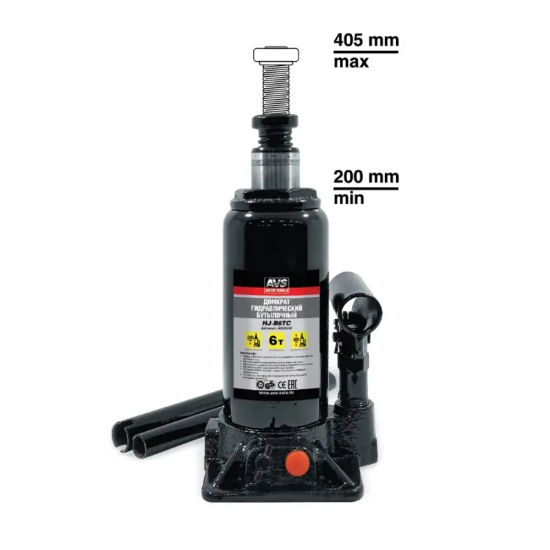 Домкрат гидравлический AVS HJ-B6TC, 6т, 200-405мм. с клапаном, в кейсе (ремкомплект)