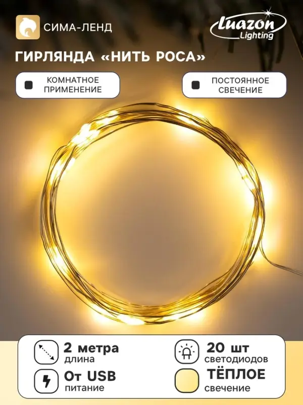 Гирлянда &laquo;Нить&raquo; 2 м роса, IP20, серебристая нить, 20 LED, свечение тёплое белое, USB
