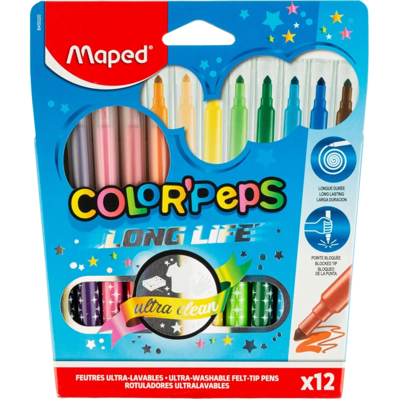 Фломастеры Maped COLOR'PEPS LONG LIFE,3хгр.пиш.узел,смываем,12цв/наб,845020