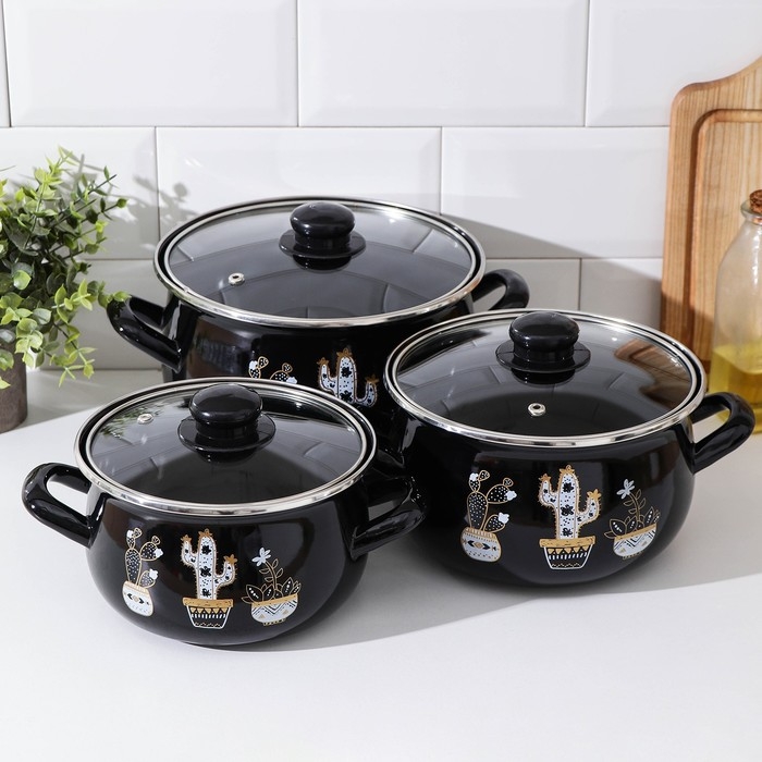 Набор кастрюль «Чёрные кактусы», 3 предмета: 2,1 л, 3,1 л, 4 л, индукция Набор кастрюль «Чёрные кактусы», 3 предмета: 2,1 л, 3,1 л, 4 л, индукция