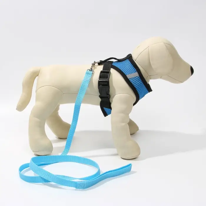 Шлейка дышащая с поводком и светоотражающей нашивкой, M, ОШ 33, ОГ 32-43, синяя Шлейка дышащая с поводком и светоотражающей нашивкой, M, ОШ 33, ОГ 32-43, синяя