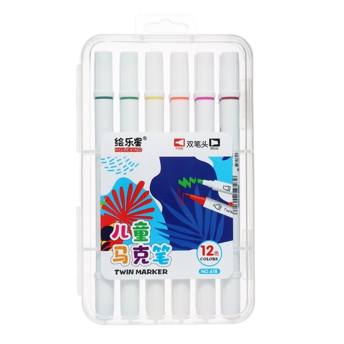 Набор маркеров, двусторонние, пулевидный и скошенный наконечники, 12 цветов Набор маркеров, двусторонние, пулевидный и скошенный наконечники, 12 цветов