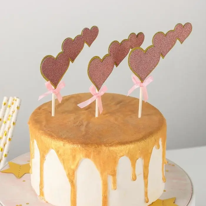 Набор топперов для торта «Сердечки», 3 шт, 20×13 см, цвет розовый Набор топперов для торта «Сердечки», 3 шт, 20×13 см, цвет розовый