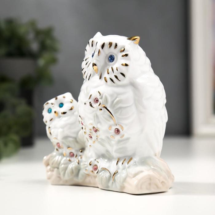 Сувенир керамика  Сувенир керамика "Белый филин с совёнком" с золотом, стразы 10,7 см