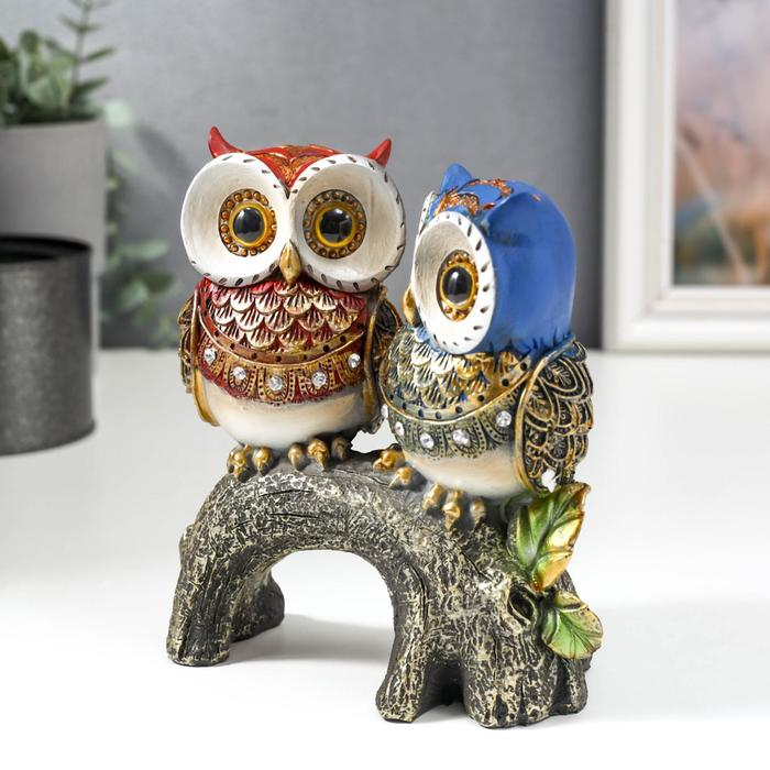 Сувенир полистоун "Цветные филины со стразами на ветке" 15х13х7,5 см