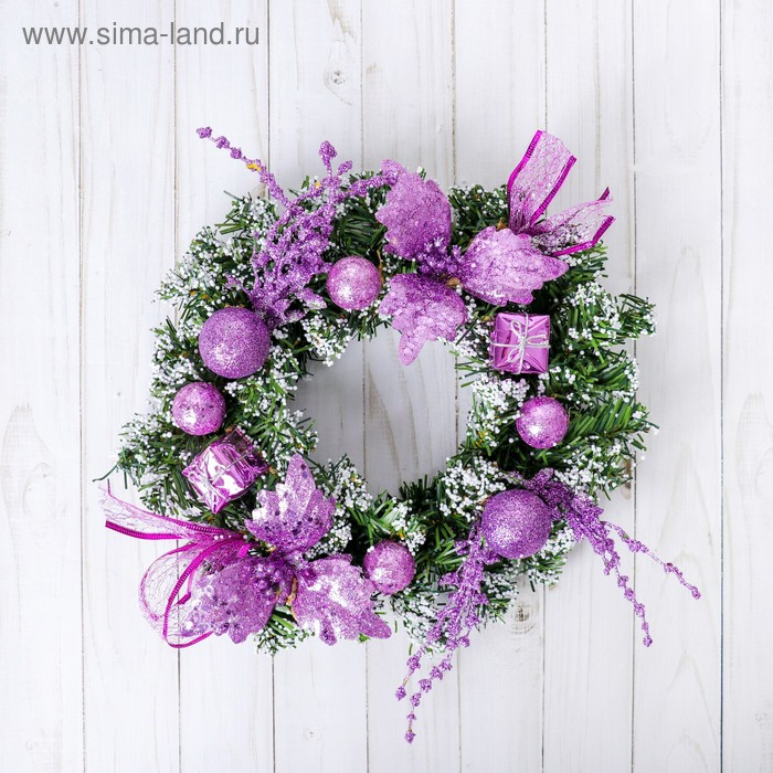 Венок новогодний d-24 см  Венок новогодний d-24 см "Шарики и цветы" сиреневый