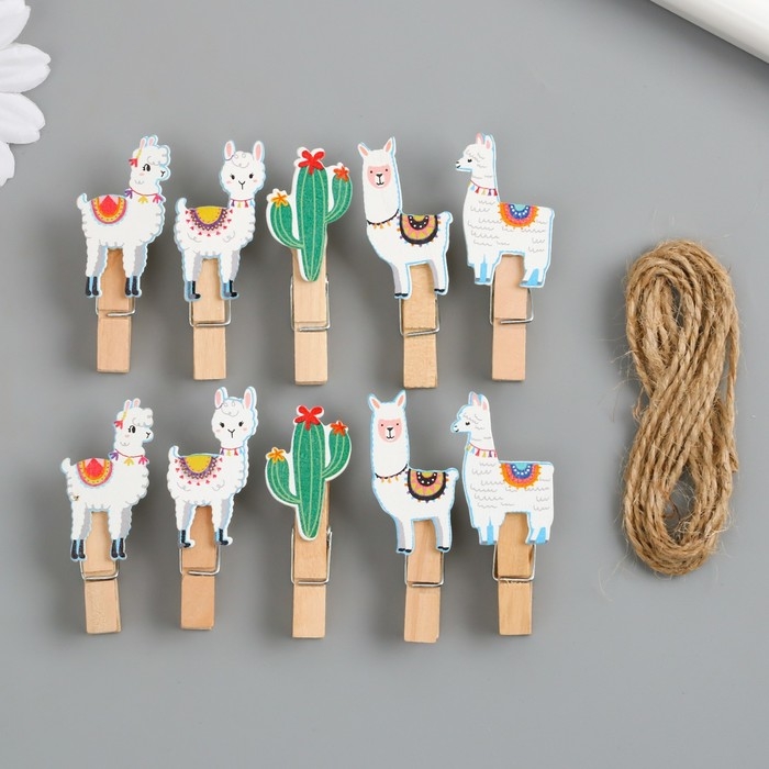 Декор для творчества дерево Декор для творчества дерево "Прищепка. Ламы и кактусы" набор 10 шт 5х2х1,2 см