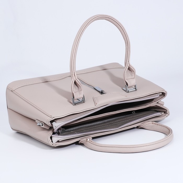 Сумка тоут на молнии, наружный карман, длинный ремень, цвет светло-бежевый