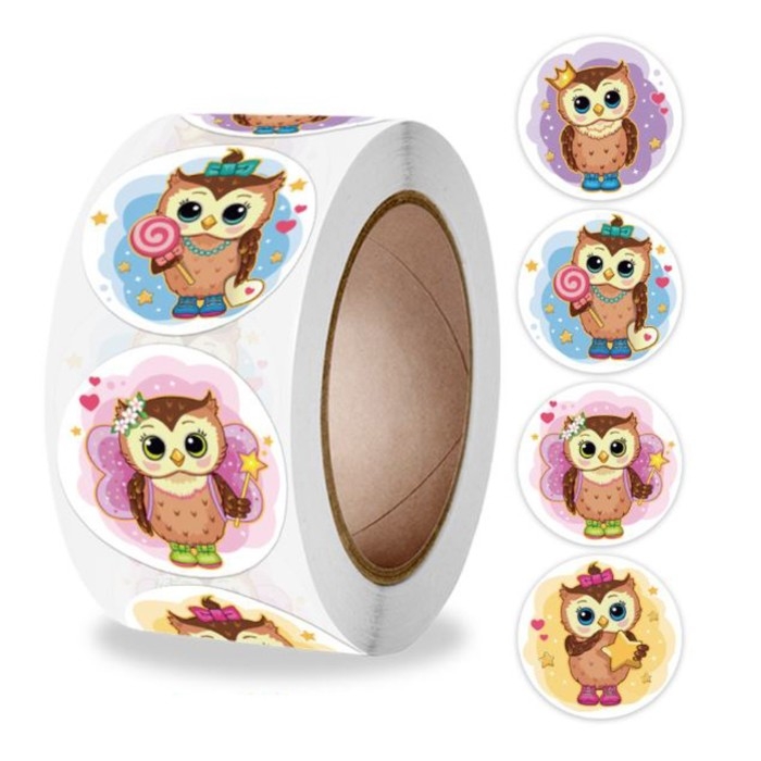 Наклейка бумага Наклейка бумага "Милая совушка" d=2,5 см 500 шт в рулоне 3х6,5х6,5 см
