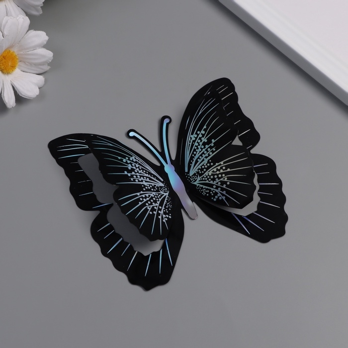 Наклейка пластик Наклейка пластик "Бабочки чёрные с серебром" двойные крылья набор 12 шт 12 см, 10 см 8 см