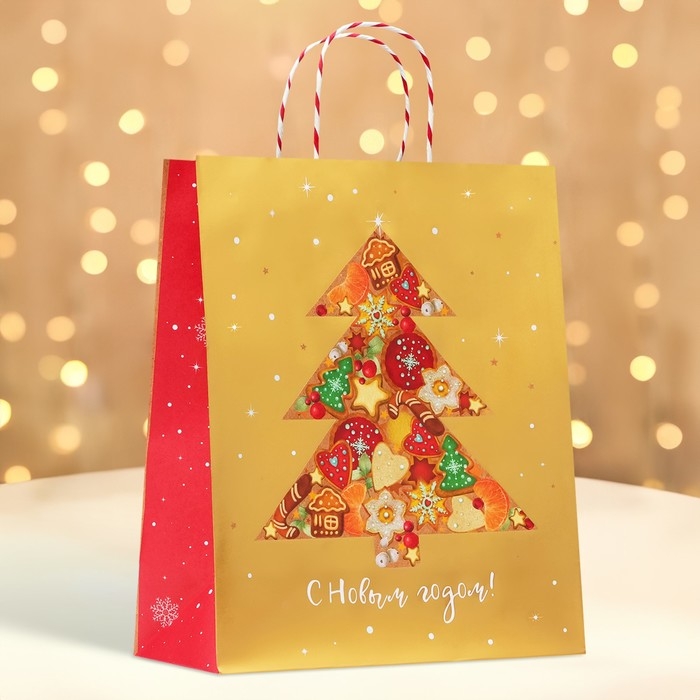 Новый год. Пакет бумажный подарочный новогодний крафт Новый год. Пакет бумажный подарочный новогодний крафт "С новым годом" 18 х 22,3 х 10 см.