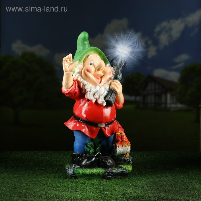 Садовый фонарь  Садовый фонарь "Гном с фонарем и петухом" 31х23х56см