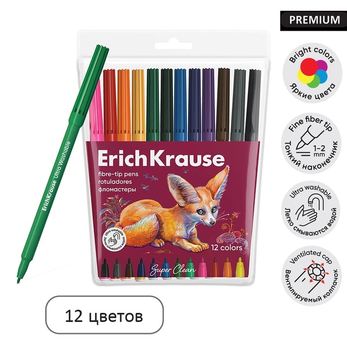 Фломастеры 12 цветов, ErichKrause,  Фломастеры 12 цветов, ErichKrause, "Safari Ultra Washable" микс