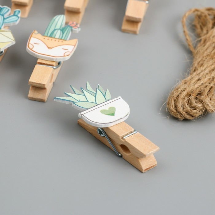 Декор для творчества дерево Декор для творчества дерево "Прищепка. Растения в горшочках" набор 10 шт 4х2х1,2 см