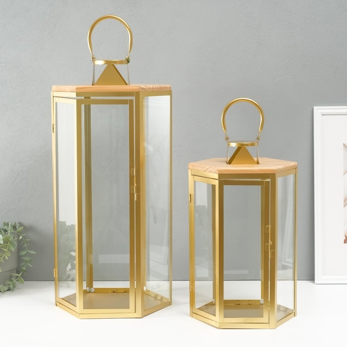 Подсвечник металл, дерево, фонарь Подсвечник металл, дерево, фонарь"Шесть граней" набор 2 шт 22,5х19,5х38; 22,5х26х55 см