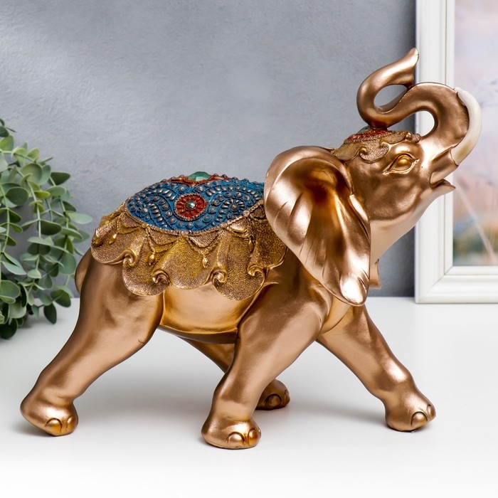 Сувенир полистоун Сувенир полистоун "Золотистый слон в синей попоне с кисточками" МИКС 28,5х15х32,5 см
