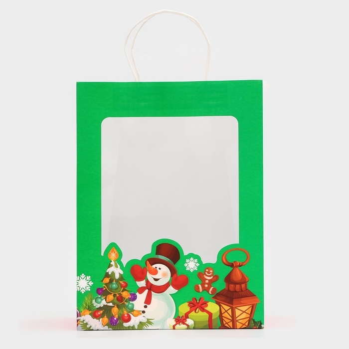 Пакет подарочный новогодний с окном Пакет подарочный новогодний с окном "Снеговик" 26 х 35 х 16 см.