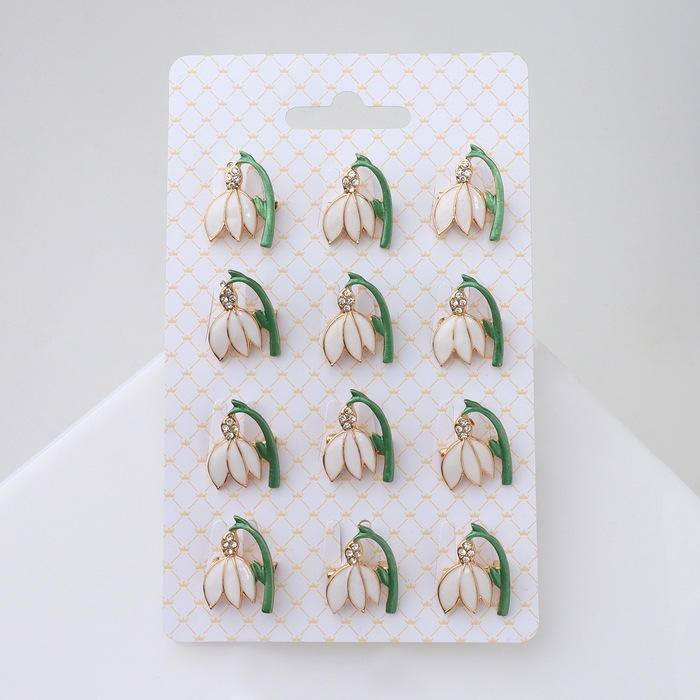 Брошь «Цветок подснежник», цвет бело-зелёный в золоте (неделимая фасовка 12 шт., цена за шт.)