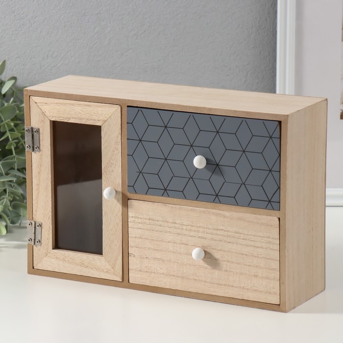 Шкатулка дерево 2 ящика и дверца  Шкатулка дерево 2 ящика и дверца "Геометрия" беж с чёрным 9,5х28х18,5 см