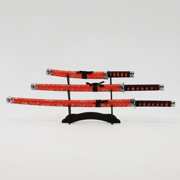 Сув. изделие катаны 3в1 на подставке, ножны кожзам, цветы на красном  47/70/89см