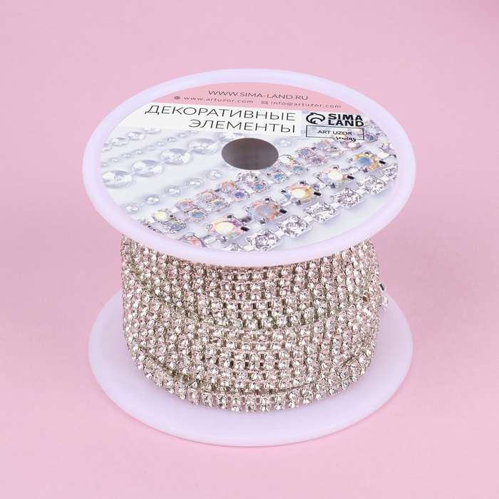 Цепь со стразами, 2 ряда, металл, стекло, 4 мм, 4,5 ± 0,5 м, цвет серебряный Цепь со стразами, 2 ряда, металл, стекло, 4 мм, 4,5 ± 0,5 м, цвет серебряный