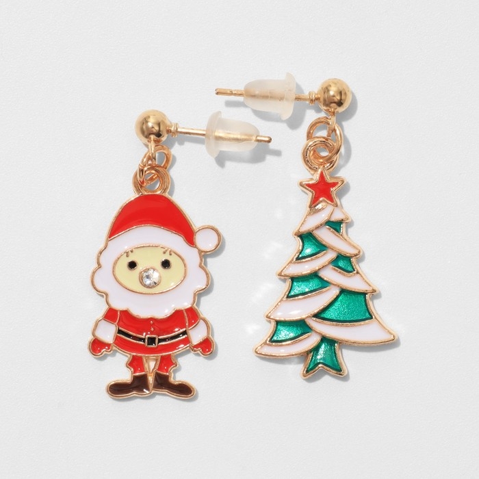 Новый год! Серьги «Новогодние» ёлочка и санта, цветные в золоте Новый год! Серьги «Новогодние» ёлочка и санта, цветные в золоте